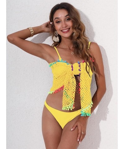 Women's Sarongs Beach Wrap Crochet Cover Up Skirt Tassel Knit Mini Beach Cover Up Yellow $10.59 Swimsuits