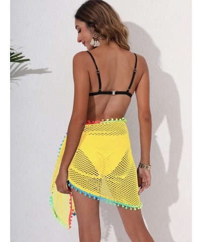 Women's Sarongs Beach Wrap Crochet Cover Up Skirt Tassel Knit Mini Beach Cover Up Yellow $10.59 Swimsuits