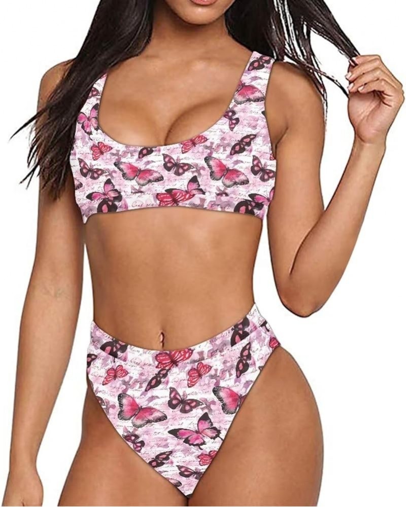 Women Printed Two Pieces High Waisted Cheeky Bikini Sets Low Scoop Crop Swimsuit Watercolor Butterfly Floral $12.00 Swimsuits