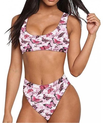 Women Printed Two Pieces High Waisted Cheeky Bikini Sets Low Scoop Crop Swimsuit Watercolor Butterfly Floral $12.00 Swimsuits