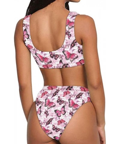 Women Printed Two Pieces High Waisted Cheeky Bikini Sets Low Scoop Crop Swimsuit Watercolor Butterfly Floral $12.00 Swimsuits