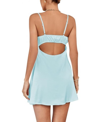 Women's Spaghetti Strap Lace Satin Slip Nightwear Sexy Party Mini Dress Light Blue $23.51 Lingerie