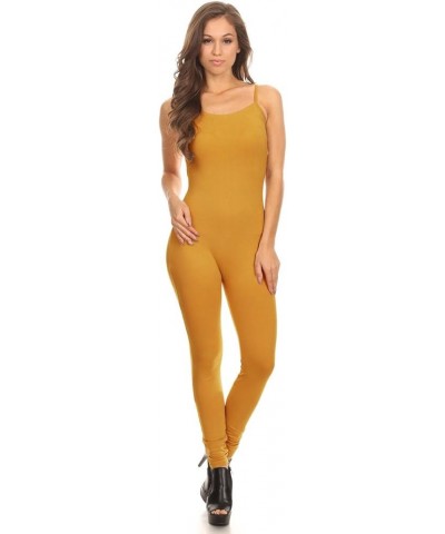 Women Stretch Cotton Spaghetti Full Length Romper Jumpsuits Unitard Bodysuits (&Plus) Mustard $18.75 Lingerie