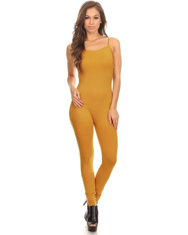 Women Stretch Cotton Spaghetti Full Length Romper Jumpsuits Unitard Bodysuits (&Plus) Mustard $18.75 Lingerie