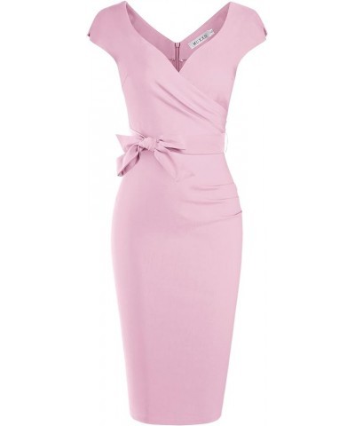 Women's Vintage 1950s Style Wrap V Neck Tie Waist Formal Cocktail Dress Baby Pink $22.57 Dresses