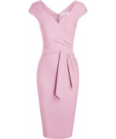 Women's Vintage 1950s Style Wrap V Neck Tie Waist Formal Cocktail Dress Baby Pink $22.57 Dresses