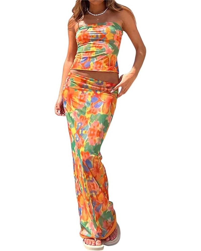 Maxi Skirt Sets Women 2 Piece Outfits Sexy See Through Strapless Lace Tube Top Bodycon Maxi Skirts Y2k Set Orange Green1 $9.1...