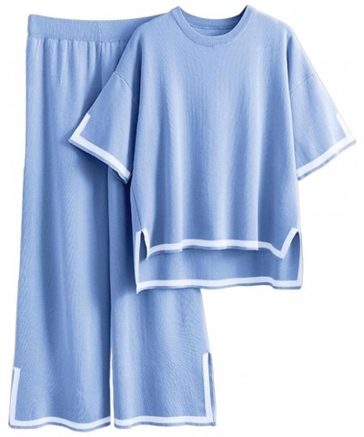 Women Sweater Sets 2 Piece Lounge Sets Short Sleeve Knit Pullover Tops Wide Leg Pants Travel Tracksuit Blue $10.50 Activewear