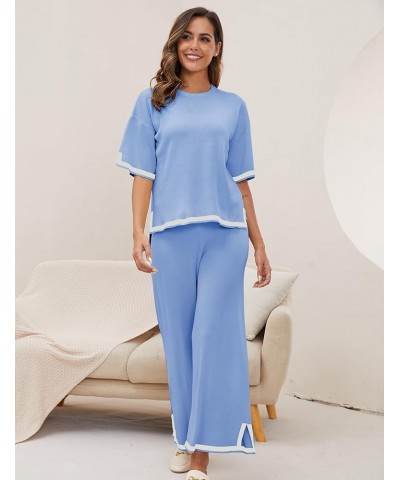 Women Sweater Sets 2 Piece Lounge Sets Short Sleeve Knit Pullover Tops Wide Leg Pants Travel Tracksuit Blue $10.50 Activewear