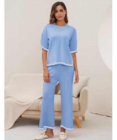 Women Sweater Sets 2 Piece Lounge Sets Short Sleeve Knit Pullover Tops Wide Leg Pants Travel Tracksuit Blue $10.50 Activewear