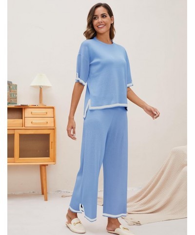 Women Sweater Sets 2 Piece Lounge Sets Short Sleeve Knit Pullover Tops Wide Leg Pants Travel Tracksuit Blue $10.50 Activewear