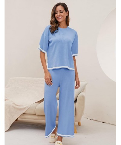 Women Sweater Sets 2 Piece Lounge Sets Short Sleeve Knit Pullover Tops Wide Leg Pants Travel Tracksuit Blue $10.50 Activewear