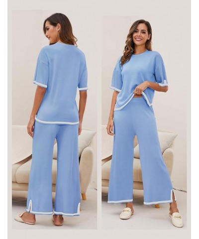 Women Sweater Sets 2 Piece Lounge Sets Short Sleeve Knit Pullover Tops Wide Leg Pants Travel Tracksuit Blue $10.50 Activewear