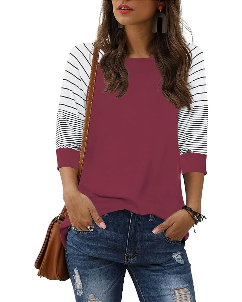 Womens Striped 3/4 Sleeve Tops Casual Raglan Sleeve Shirts Round Neck Long Sleeve T Shirts Tee 03 Berry $8.54 T-Shirts