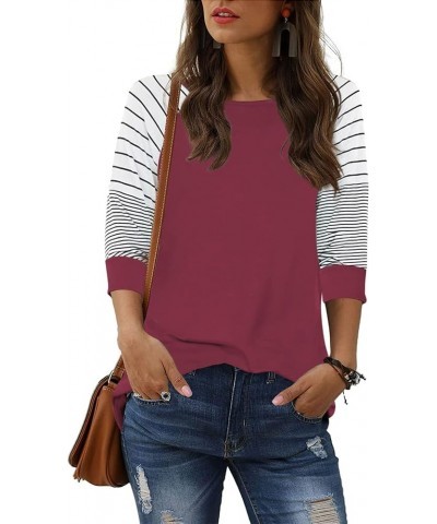 Womens Striped 3/4 Sleeve Tops Casual Raglan Sleeve Shirts Round Neck Long Sleeve T Shirts Tee 03 Berry $8.54 T-Shirts