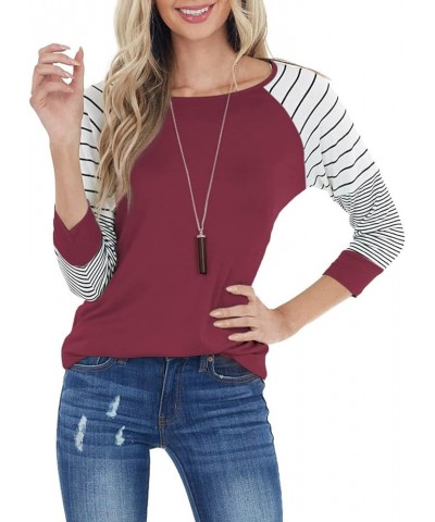 Womens Striped 3/4 Sleeve Tops Casual Raglan Sleeve Shirts Round Neck Long Sleeve T Shirts Tee 03 Berry $8.54 T-Shirts