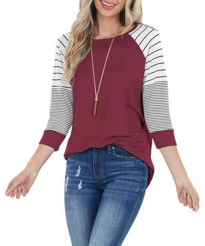 Womens Striped 3/4 Sleeve Tops Casual Raglan Sleeve Shirts Round Neck Long Sleeve T Shirts Tee 03 Berry $8.54 T-Shirts