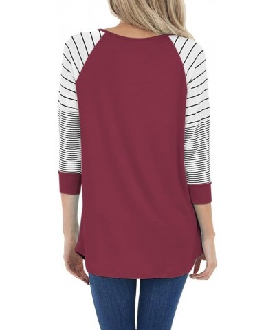 Womens Striped 3/4 Sleeve Tops Casual Raglan Sleeve Shirts Round Neck Long Sleeve T Shirts Tee 03 Berry $8.54 T-Shirts