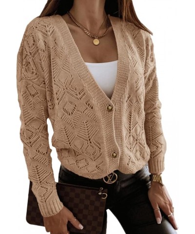 Women's Long Sleeve Crochet Cardigan Boho Knit Lightweight Open Casual Button Down Sweaters Outwear Khaki $10.19 Sweaters