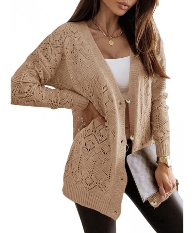 Women's Long Sleeve Crochet Cardigan Boho Knit Lightweight Open Casual Button Down Sweaters Outwear Khaki $10.19 Sweaters