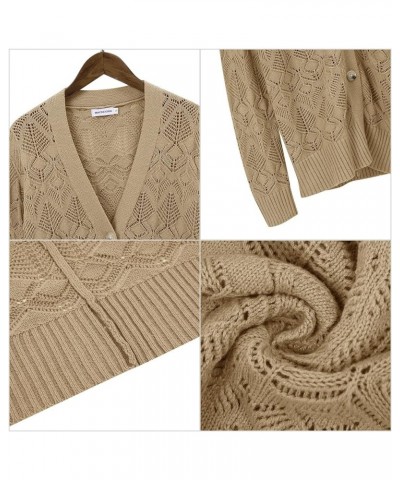 Women's Long Sleeve Crochet Cardigan Boho Knit Lightweight Open Casual Button Down Sweaters Outwear Khaki $10.19 Sweaters