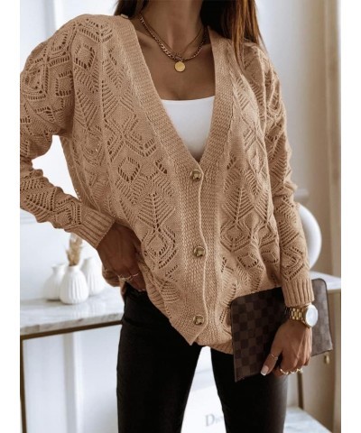 Women's Long Sleeve Crochet Cardigan Boho Knit Lightweight Open Casual Button Down Sweaters Outwear Khaki $10.19 Sweaters