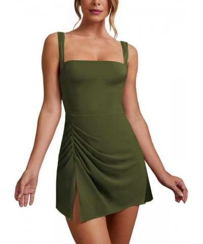 Women's Sleeveless Square Neck Dress Sexy Slit Hem Ruched Bodycon Mini Dresses A-army Green $20.13 Dresses