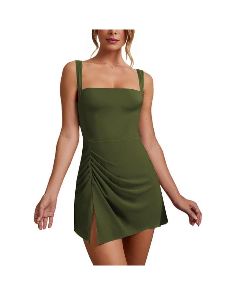 Women's Sleeveless Square Neck Dress Sexy Slit Hem Ruched Bodycon Mini Dresses A-army Green $20.13 Dresses