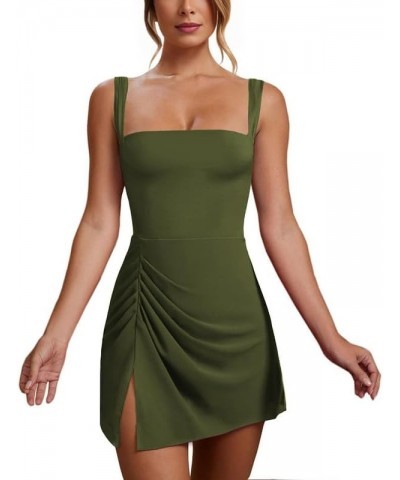 Women's Sleeveless Square Neck Dress Sexy Slit Hem Ruched Bodycon Mini Dresses A-army Green $20.13 Dresses