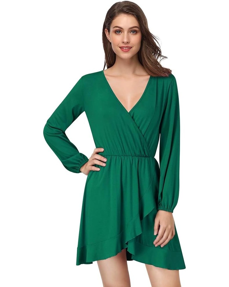 Women's V-Neck A-line Casual Party Mini Dress Ruffle Grass Green $16.99 Dresses