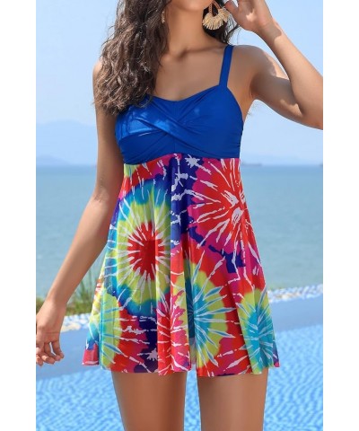 Women's Twist Front One Piece Swimsuit Dress Net Yarn Printing Bathing Suit Blue-printing $26.37 Swimsuits