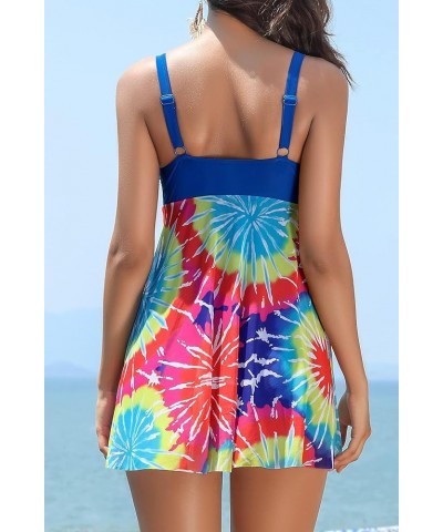 Women's Twist Front One Piece Swimsuit Dress Net Yarn Printing Bathing Suit Blue-printing $26.37 Swimsuits