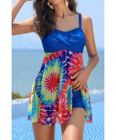 Women's Twist Front One Piece Swimsuit Dress Net Yarn Printing Bathing Suit Blue-printing $26.37 Swimsuits