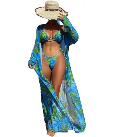 Women's 3 Piece Set Halter Print Tie Bikini Swimsuit with Long Kimono Multicolor $21.31 Swimsuits