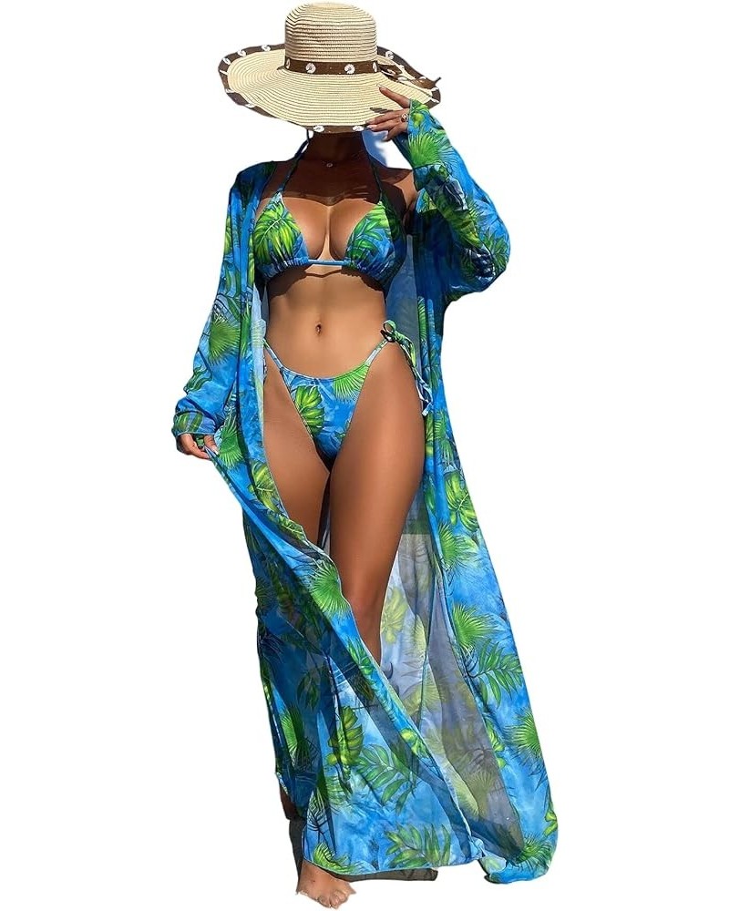 Women's 3 Piece Set Halter Print Tie Bikini Swimsuit with Long Kimono Multicolor $21.31 Swimsuits