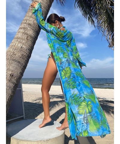 Women's 3 Piece Set Halter Print Tie Bikini Swimsuit with Long Kimono Multicolor $21.31 Swimsuits