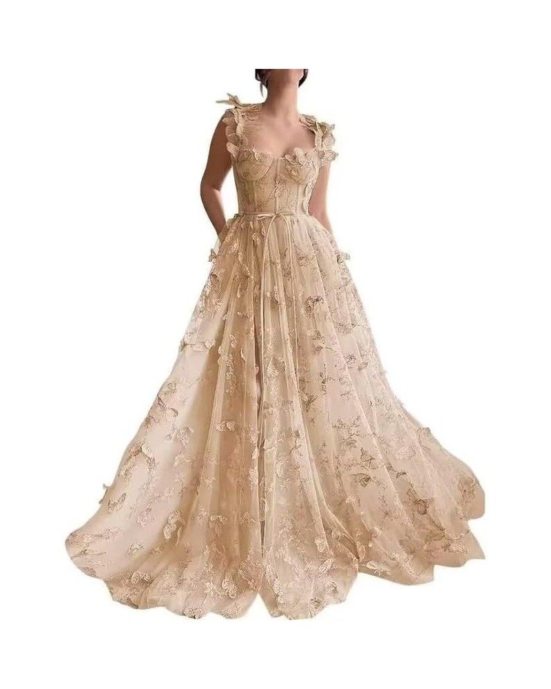 Women's 3D Butterfly Tulle Prom Dress Lace Applique Sweetheart Long Slit Formal Evening Gown Champagne $45.35 Dresses