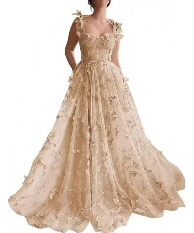 Women's 3D Butterfly Tulle Prom Dress Lace Applique Sweetheart Long Slit Formal Evening Gown Champagne $45.35 Dresses