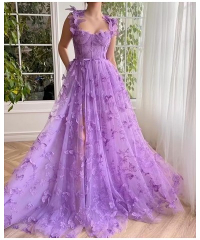 Women's 3D Butterfly Tulle Prom Dress Lace Applique Sweetheart Long Slit Formal Evening Gown Champagne $45.35 Dresses