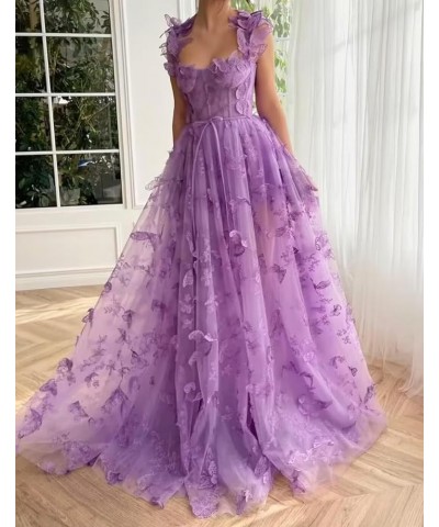 Women's 3D Butterfly Tulle Prom Dress Lace Applique Sweetheart Long Slit Formal Evening Gown Champagne $45.35 Dresses