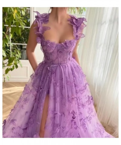 Women's 3D Butterfly Tulle Prom Dress Lace Applique Sweetheart Long Slit Formal Evening Gown Champagne $45.35 Dresses