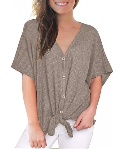 Womens Waffle Knit Tunic Blouse Tie Knot Henley Tops Loose Fitting Bat Wing Plain Shirts A-khaki $10.08 Tops