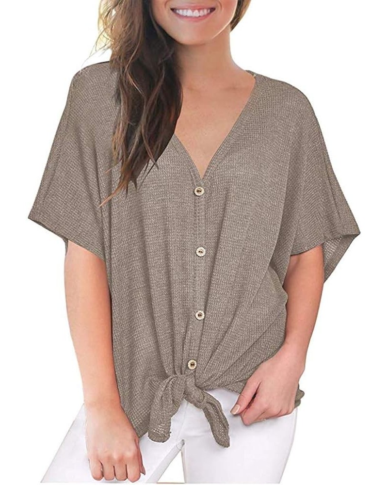 Womens Waffle Knit Tunic Blouse Tie Knot Henley Tops Loose Fitting Bat Wing Plain Shirts A-khaki $10.08 Tops