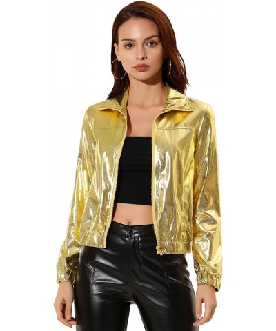 Women's Holographic Shiny Party Christmas Long Sleeve Lightweight Zipper Metallic Jacket Small Golden $21.12 Jackets