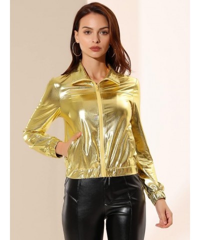 Women's Holographic Shiny Party Christmas Long Sleeve Lightweight Zipper Metallic Jacket Small Golden $21.12 Jackets