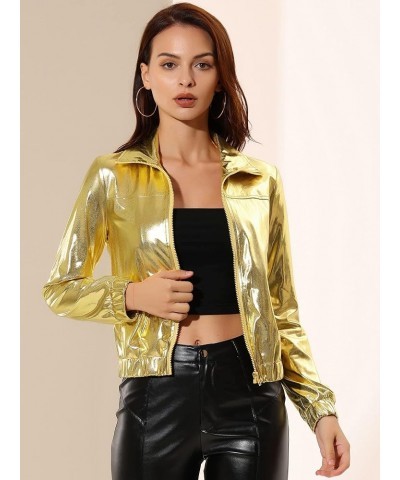 Women's Holographic Shiny Party Christmas Long Sleeve Lightweight Zipper Metallic Jacket Small Golden $21.12 Jackets