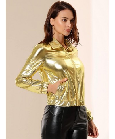 Women's Holographic Shiny Party Christmas Long Sleeve Lightweight Zipper Metallic Jacket Small Golden $21.12 Jackets