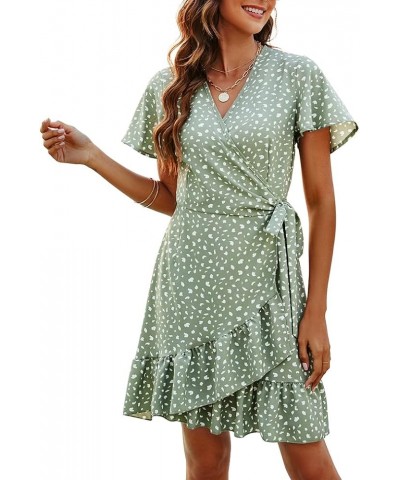 Women's Summer Wrap V Neck Polka Dot Print Ruffle Short Sleeve Mini Floral Dress with Belt 08 Sage Green Dot Beige $15.74 Dre...