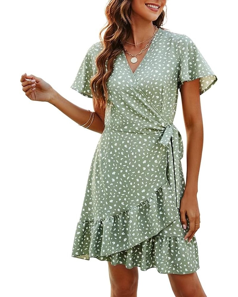 Women's Summer Wrap V Neck Polka Dot Print Ruffle Short Sleeve Mini Floral Dress with Belt 08 Sage Green Dot Beige $15.74 Dre...