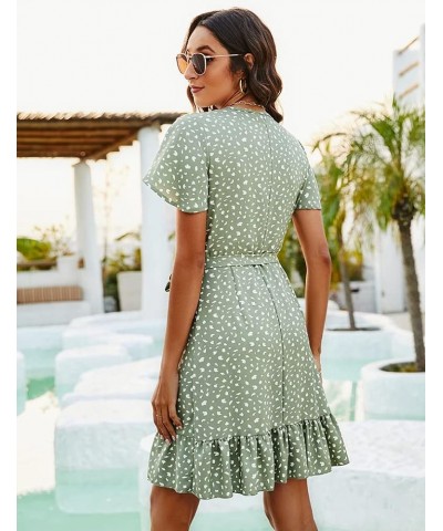 Women's Summer Wrap V Neck Polka Dot Print Ruffle Short Sleeve Mini Floral Dress with Belt 08 Sage Green Dot Beige $15.74 Dre...